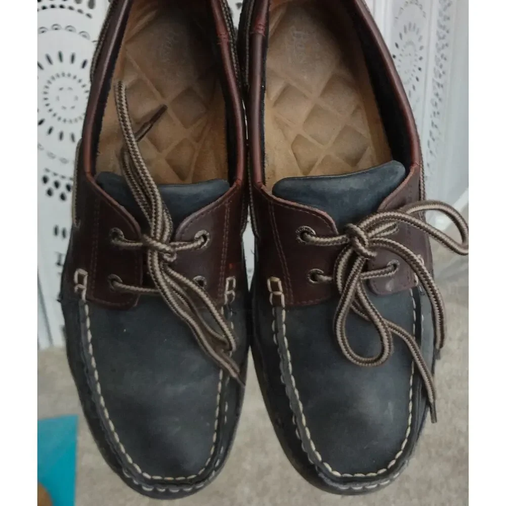 GH Bass Lewis Navy Blue Brown Leather Loafer Boat Men 10 Moc 2 Eye 2 Tone Two